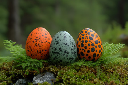 Three vibrantly colored and speckled eggs rest on a lush bed of moss and ferns in a tranquil forest setting. the unique patterns and natural environment evoke themes of easter, spring, and nature's diversity. Generative AIの素材