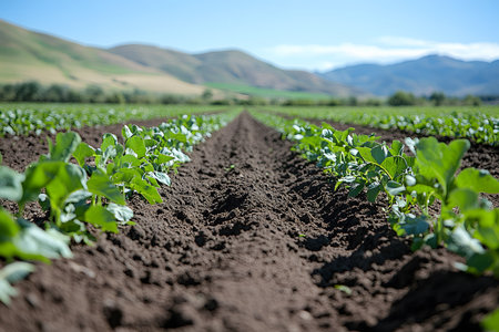 Lush green crops grow in neat rows across a fertile field, with mountains silhouetted against a clear blue sky in the background. the scene essence of agricultural prosperity and natural beauty. Generative AIの素材