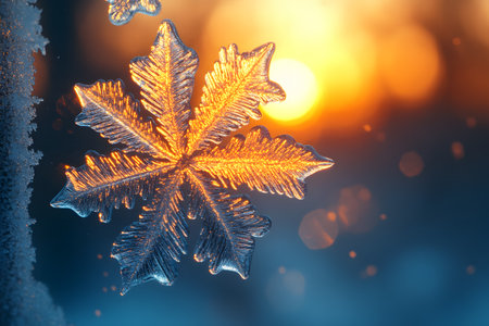 Detailed macro photograph of a snowflake, showcasing intricate patterns illuminated by a warm sunset glow. this image reflects the beauty and contrast of winter's chill with fiery, vibrant colors, perfect for seasonal design use. Generative AIの素材