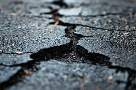 Detailed view of cracked asphalt, its rugged texture and weathered surface. useful for urban infrastructure studies, contrasts in materials, or backgrounds in design projects. Generative AIの素材