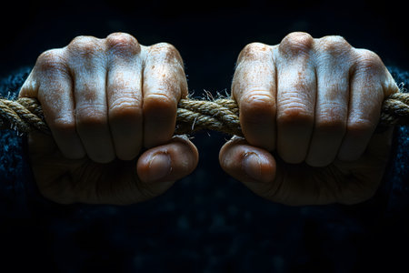 Two hands tightly grip a thick rope, symbolizing strength, determination, and resilience. the scene conveys a sense of struggle, challenge, and perseverance, capturing the essence of overcoming obstacles and tenacity. Generative AIの素材