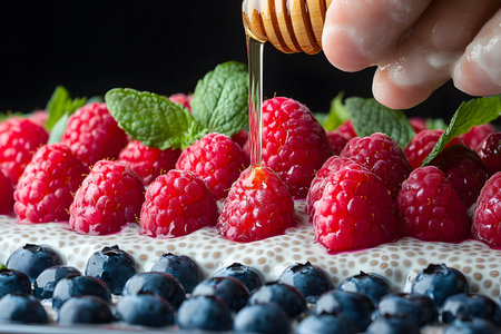 Vibrant image of a dessert adorned with juicy raspberries and blueberries. honey is poured over the fruit, adding a touch of sweet elegance, while fresh mint leaves enhance the presentation. ideal for culinary and food photography. Generative AIの素材