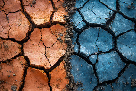 Stunning visual of cracked earth showcasing a striking contrast between vibrant orange and deep blue tones. ideal for concepts related to environmental change, textures in nature, or artistic design projects. Generative AIの素材