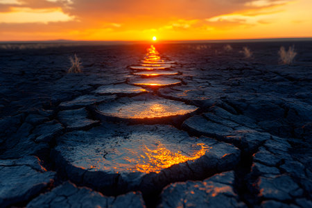 Dramatic sunset illuminating cracked, dry earth, symbolizing environmental challenges like drought and climate change. the vibrant sky contrasts with the barren landscape, nature's stark beauty and resilience. Generative AIの素材