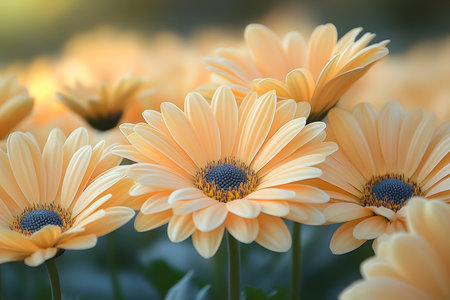 Peach gerbera daisies in full bloom bask under soft sunlight, capturing the serene beauty of a spring garden. their vibrant petals and central blossoms evoke feelings of tranquility and renewal, ideal for floral decor. Generative AIの素材