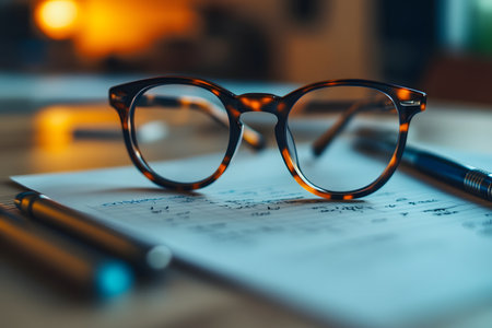 Eyeglasses rest on handwritten notes surrounded by pens on a wooden desk. the warm ambient light creates a cozy, focused atmosphere, ideal for study, work, or creative projects. Generative AIの素材