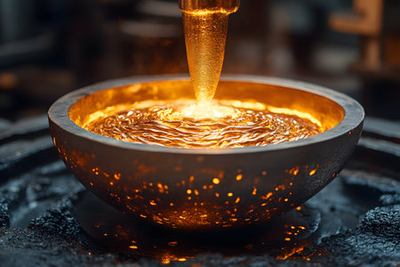 Glowing molten metal being poured into a casting mold in an industrial foundry setting, showcasing the intense heat and dynamic flow of the metal as it swirls and fills the mold with precision. Generative AIの素材