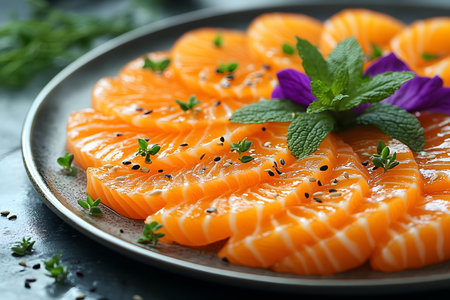 A beautifully arranged platter of salmon sashimi garnished with fresh herbs, black sesame seeds, and a vibrant purple flower, offering a visually appealing gourmet presentation perfect for culinary art and food photography enthusiasts. Generative AIの素材