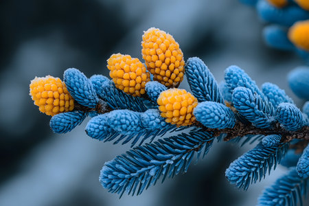 Close-up of a blue evergreen branch adorned with yellow pine cones, covered in frost. the vivid contrast highlights the intricate texture of the needles and cones, set against a blurred winter backdrop. Generative AIの素材