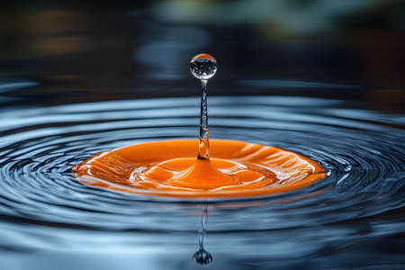 Dramatic water droplet making contact with an orange surface, creating ripples against a deep blue background. the droplet's reflection and splash form a visually compelling abstract pattern. Generative AIの素材
