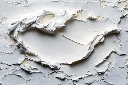 Close-up of a textured white paint surface exhibiting intricate patterns and layers. the abstract composition highlights the interplay of light and shadow, making it ideal for artistic design, interior decor, or creative backgrounds. Generative AIの素材