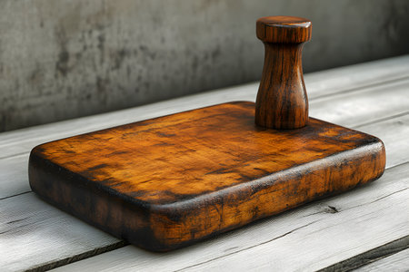 Rustic wooden meat tenderizer and cutting board set on a weathered wooden table. ideal for culinary themes, showcasing timeless kitchen tools essential for food preparation and traditional cooking techniques. Generative AIの素材