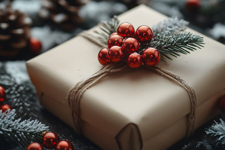 A beautifully wrapped gift box features natural jute twine and is adorned with red ornaments and evergreen sprigs. surrounded by snow-dusted pinecones, it essence of rustic holiday charm and seasonal decorations. Generative AIの素材