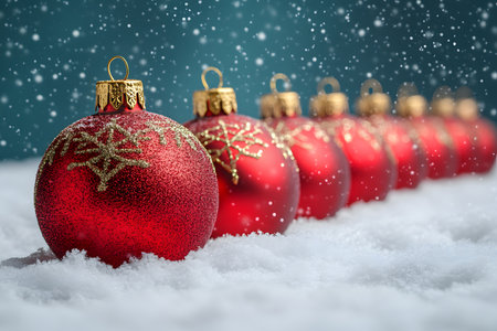 Vibrant red christmas ornaments adorned with golden snowflake patterns are lined up in a snowy setting. the falling snowflakes and deep blue background create a festive and cozy holiday atmosphere, ideal for seasonal design. Generative AIの素材