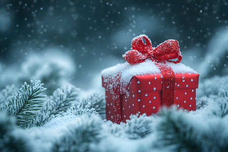 A beautifully wrapped red gift box adorned with a sparkling bow rests on a bed of snow-covered pine branches. snow gently falls, creating a serene winter scene, ideal for adding a festive touch to any holiday-themed project or design. Generative AIの素材