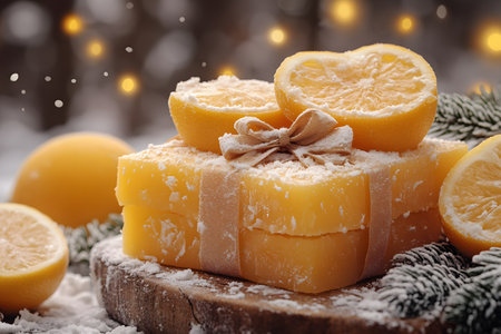 Handcrafted citrus-scented soap bars adorned with lemon halves and wrapped in twine, placed on a rustic wooden surface. surrounded by snow and evergreen branches, the scene conveys a winter holiday ambiance. Generative AIの素材