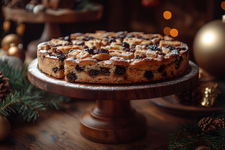 Traditional fruitcake adorned with nuts and dried fruits, placed on a rustic wooden cake stand. warm, ambient lighting with blurred festive decorations in the background creates a cozy holiday atmosphere. Generative AIの素材