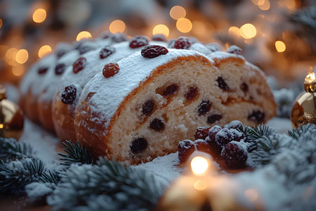 Sliced holiday stollen dusted with powdered sugar, featuring plump raisins and accented by warm glowing lights. evergreen sprigs and golden ornaments add a festive touch, ideal for christmas celebrations or winter holiday gatherings. Generative AIの素材