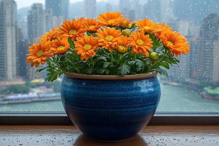 Bright orange daisies bloom in a textured blue pot, set against a rainy window overlooking a city skyline. raindrops dot the glass, creating a serene blend of nature and urban life. Generative AIの素材
