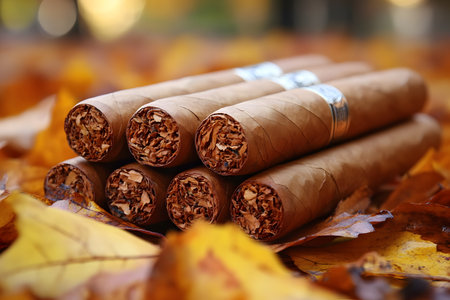 Close-up of cigars arranged in a pyramid on fallen autumn leaves, natural textures and warm colors. the setting evokes a rustic, seasonal atmosphere ideal for relaxation concepts. Generative AIの素材