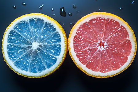 Creative display of a grapefruit and lemon half, showcasing vivid color contrast with one half in natural pink and the other in striking blue, set against a dark backdrop with water droplets for a fresh, artistic touch. Generative AIの素材