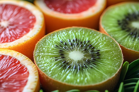 Close-up of fresh kiwi and grapefruit slices arranged vibrantly, showcasing their natural colors and textures. ideal for concepts related to health, nutrition, summer freshness, and culinary art. Generative AIの素材