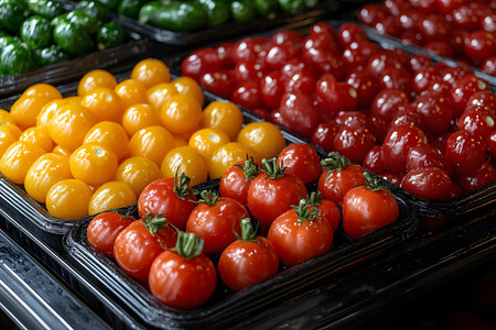 Vibrant tomatoes in shades of red and yellow are neatly displayed in trays at a market. the glossy surfaces and rich hues highlight their freshness, making them ideal for a variety of culinary uses and food photography. Generative AIの素材