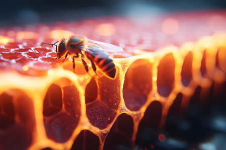 Close-up of a honeybee on a vibrant, illuminated honeycomb, showcasing the intricate relationship between bees and their environment. the detailed structure and warm colors highlight the beauty of nature's design. Generative AIの素材
