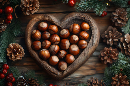 Hazelnuts fill a heart-shaped wooden bowl, surrounded by festive evergreen branches, pinecones, and red ornaments. the composition embodies a cozy, rustic christmas theme, perfect for holiday decor inspiration and seasonal designs. Generative AIの素材