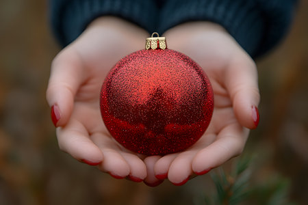 Red christmas ornament delicately held in hands with a warm knitted sweater. captures festive spirit, holiday decoration themes, and the warmth of seasonal celebrations, evoking a sense of christmas cheer. Generative AIの素材