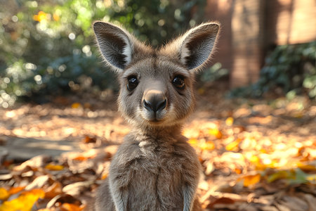 A cute kangaroo stands amidst fallen autumn leaves in a sunlit forest, creating a serene and heartwarming wildlife scene. perfect for nature-themed designs and wildlife conservation awareness. Generative AIの素材