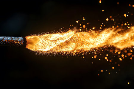 A dramatic close-up of a torch or welding tool emitting a powerful burst of flames and sparks against a dark background. ideal for design projects requiring energy, heat, or industrial themes. Generative AIの素材