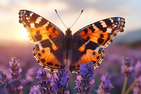 A striking butterfly with intricate orange and black patterns perched on vibrant lavender flowers, set against a backdrop of a warm sunrise. the scene exudes tranquility and the beauty of nature's early moments. Generative AIの素材