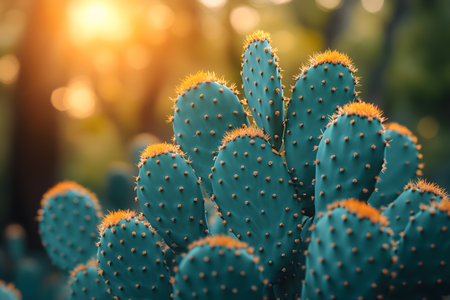 Vibrant green cactus pads with golden spines bask in warm, setting sunlight against a blurred natural background. the scene evokes desert tranquility, perfect for nature-themed designs or serene interior decor. Generative AIの素材
