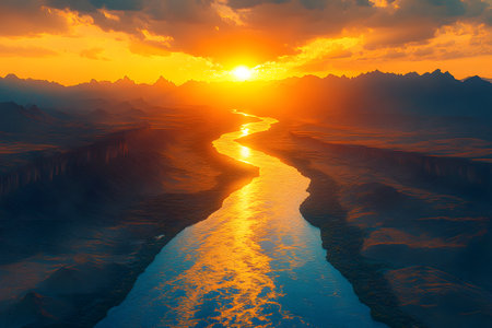 A breathtaking view of a river meandering through a vast valley at sunset. the sky is ablaze with orange and yellow hues, casting a golden glow on the water. majestic mountains frame the horizon, creating a serene and tranquil atmosphere perfect for nature lovers. Generative AIの素材
