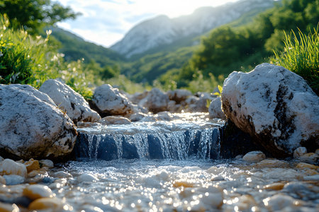 A serene mountain stream gently flows over rocks, surrounded by lush greenery and illuminated by warm sunlight. captured with mountains in the background, this tranquil scene evokes peace and natural beauty. Generative AIの素材