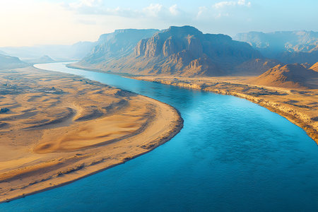 Aerial view of a winding river cutting through a vast desert landscape with rugged mountains in the background. the clear, blue water contrasts with the golden sand, creating a breathtaking natural scene ideal for nature and travel projects. Generative AIの素材