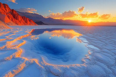 Vibrant sunset illuminates a serene reflection lake amidst expansive salt flats. the rugged red mountains provide a dramatic contrast to the tranquil water, the natural beauty of this desert landscape. Generative AIの素材