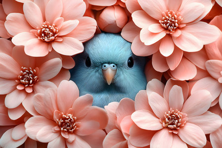 A serene blue bird is nestled amidst a vibrant display of pink blossoms, creating a harmonious blend of color and texture. this image highlights themes of nature, tranquility, and beauty, perfect for decor or illustration. Generative AIの素材