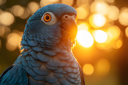 A striking blue parrot basks in the warm glow of a sunset, showcasing its detailed feathers and intense gaze. the bokeh effect in the background adds depth, emphasizing the bird's vivid coloration. Generative AIの素材