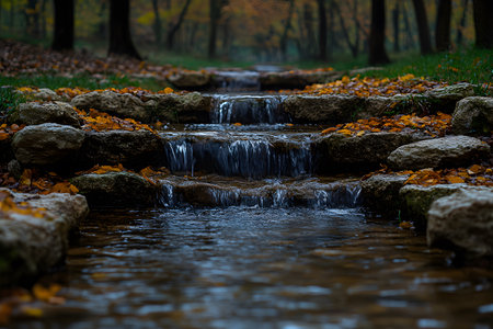 A serene autumn stream flows gently over natural rock formations in a forest. the scene is framed by colorful fallen leaves and tall trees, capturing the peaceful essence of a woodland landscape. Generative AIの素材