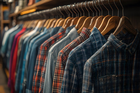 A collection of colorful plaid shirts neatly arranged on wooden hangers in a clothing store, reflecting a fashionable men's style option. the warm lighting and variety of patterns create an inviting shopping atmosphere. Generative AIの素材