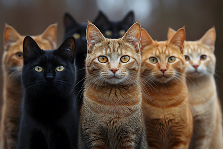A group of cats featuring various breeds and colors, including black, tabby, and ginger, is shown in a natural outdoor setting. the image emphasizes unity, diversity, and natural beauty, perfect for animal and wildlife themes. Generative AIの素材