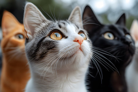 A group of cats with varied fur colors gray and white tabby, black, and orange intently gaze upward, surrounded by soft, natural light. their expressions capture curiosity and attentiveness, with a focus on their vivid eyes and delicate whiskers. Generative AIの素材