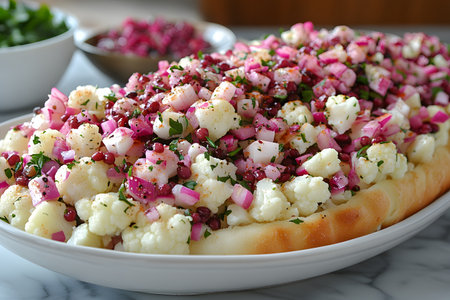 A vibrant winter salad featuring fresh cauliflower florets, diced red onion, and juicy pomegranate seeds on a bed of greens. the dish is seasoned with herbs and black pepper, offering a healthy and visually appealing option. Generative AIの素材