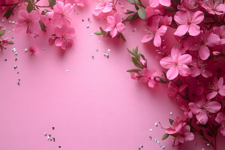 Pink blossoms elegantly arranged on a pink background create a vibrant and serene spring atmosphere. perfect for seasonal designs, greeting cards, posters, or digital backgrounds, nature's beauty. Generative AIの素材