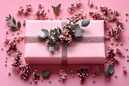 Pink gift box wrapped with glittering ribbon and adorned with delicate pink flowers and eucalyptus leaves, placed on a matching pink background. perfect for birthdays, anniversaries, or weddings, offering a touch of elegance and sophistication. Generative AIの素材