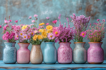 Seven ceramic vases with pastel hues hold vibrant pink, yellow, and purple flowers against a textured blue background. perfect for spring decor, this arrangement offers a fresh and lively element for interior design. Generative AIの素材