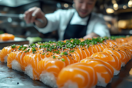 A skilled chef expertly arranges a row of fresh salmon sushi rolls, garnished with finely chopped chives and sesame seeds, in a contemporary kitchen. the vibrant orange of the salmon contrasts with the pristine white rice, showcasing culinary artistry. Generative AIの素材