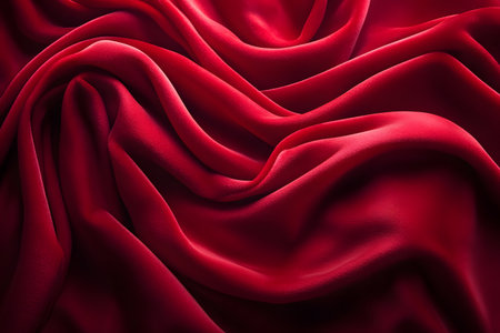 A close-up view of rich, flowing red silk fabric, showcasing its luxurious texture and vibrant color. the image smooth, graceful folds, ideal for themes of elegance, fashion, and luxury design. Generative AIの素材